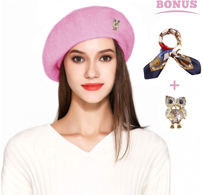 Berets Wool Beret Hat Solid Color French Artist Beret Skily Scarf Brooch - Pink - CA18CCIKD8N $23.72
