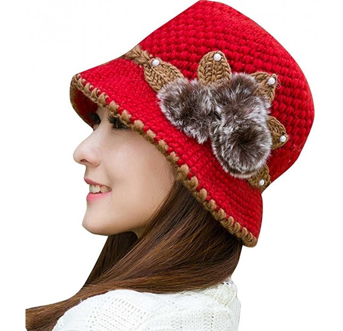 Skullies & Beanies Women Color Winter Hat Crochet Knitted Flowers Decorated Ears Cap with Visor - Red - C418LH3GG7U $9.19