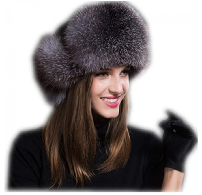 Bomber Hats Womens Winter Hat Genuine Fox Fur Russian Hats Lei Feng hat - Silver Blue - CG18LUTXT49 $27.11