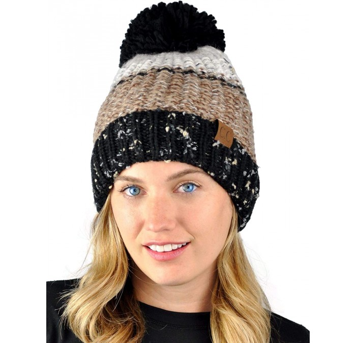 Skullies & Beanies Multi Blend Pom Soft Fuzzy Lined Thick Knit Cuff Beanie Hat - Black/Taupe - CT18AKXLL2O $29.04