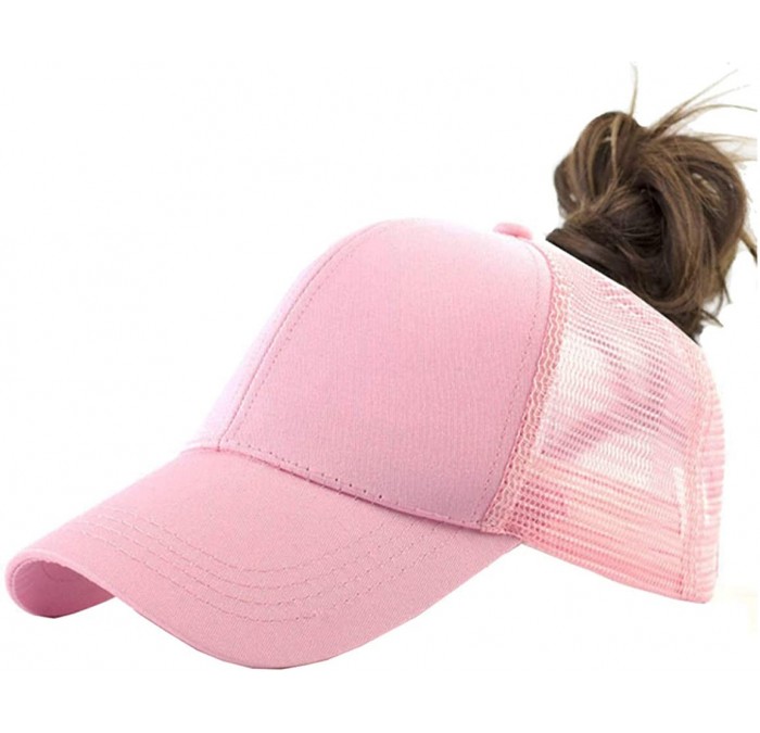 Baseball Caps Solid Ponytail Hat Baseball Cap Cotton Mesh High Bun Pony Cap Women - Pink - CK18R7XIW9R $18.10
