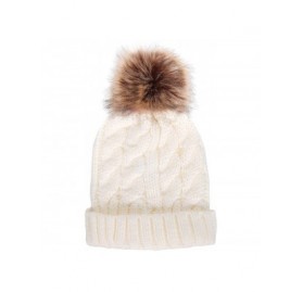 Skullies & Beanies Winter Hand Knit Beanie Hat with Faux Fur Pompom - White - CT12MZ2MV2Y $14.10