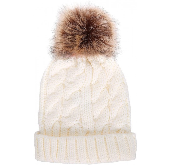 Skullies & Beanies Winter Hand Knit Beanie Hat with Faux Fur Pompom - White - CT12MZ2MV2Y $25.74