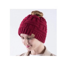 Skullies & Beanies Womens High Messy Bun Beanie Hat with Ponytail Hole- Winter Warm Trendy Knit Ski Skull Cap - Burgundy - CQ...