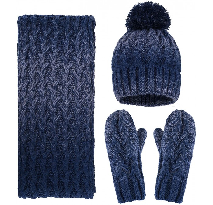 Skullies & Beanies 3 in 1 Women Soft Warm Thick Cable Knitted Hat Scarf & Gloves Winter Set - Navy/Blue Gloves W/ Lined - CO1...