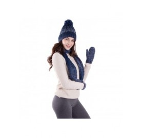 Skullies & Beanies 3 in 1 Women Soft Warm Thick Cable Knitted Hat Scarf & Gloves Winter Set - Navy/Blue Gloves W/ Lined - CO1...