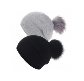 Skullies & Beanies Women Knit Wool Beanie - Winter Solid Cashmere Ski Hats Real Raccoon Fur Pom Pom - 17- Black/Soft Grey 2pc...