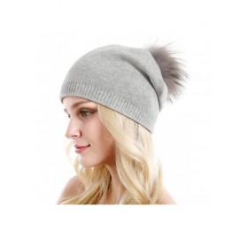 Skullies & Beanies Women Knit Wool Beanie - Winter Solid Cashmere Ski Hats Real Raccoon Fur Pom Pom - 17- Black/Soft Grey 2pc...