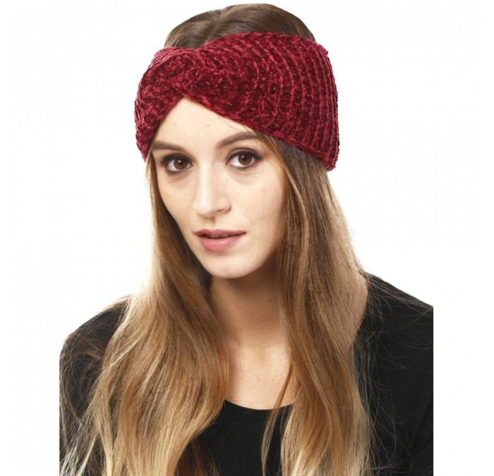 Cold Weather Headbands Women's Soft Knitted Winter Headband Head Wrap Ear Warmer (Chenille-Burgundy) - Chenille-Burgundy - CA...