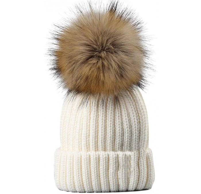 Skullies & Beanies Winter Knitted Beanie Hat Soft Warm Wool Hat with Removable Faux Fur Pom Pom - White - CG18IHCHWAO $12.98