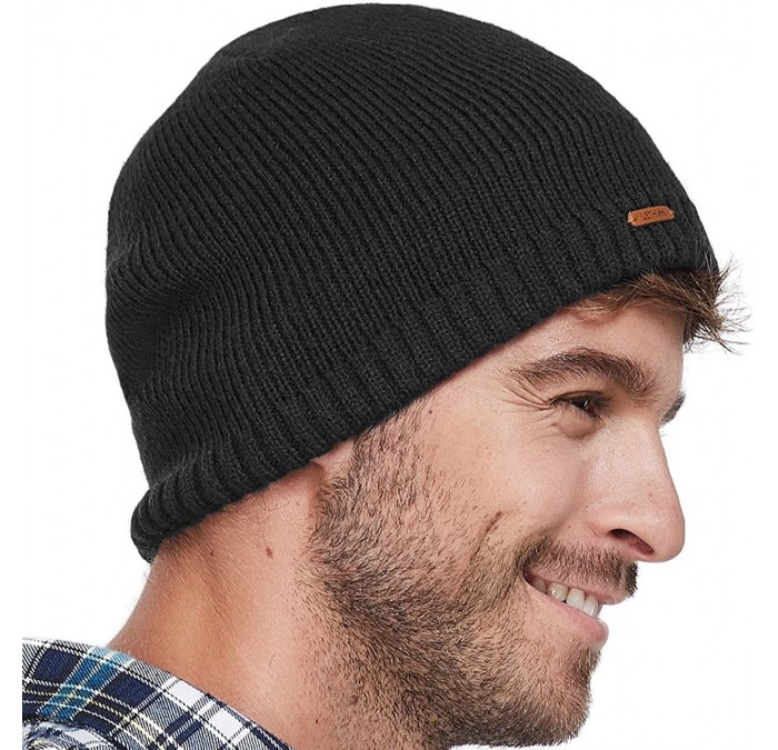 Skullies & Beanies Fleece Lined Beanie Hat Mens Winter Solid Color Warm Knit Ski Skull Cap - Black - CO186HKYZS9 $14.89