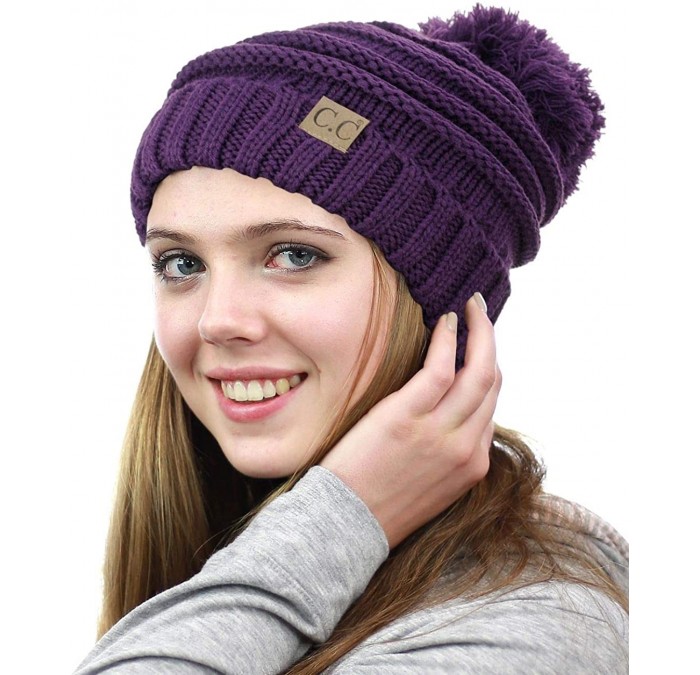 Skullies & Beanies Pom Pom Oversized Baggy Slouchy Thick Winter Beanie Hat - Dark Purple - C218R5275I6 $30.37