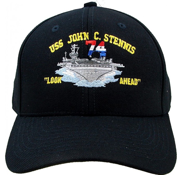 Baseball Caps USS John C. Stennis Look Ahead Embroidered Baseball Cap Navy Blue - CR12MYBVXXT $43.03