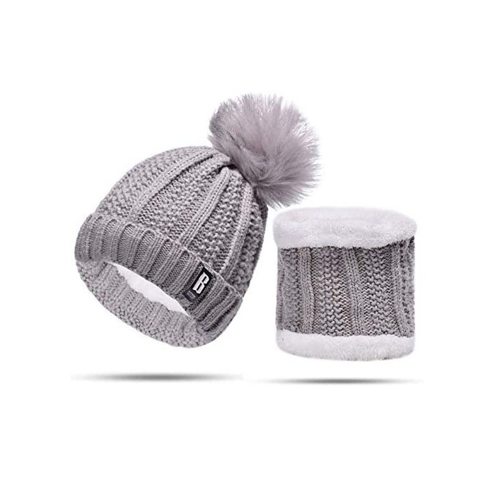 Skullies & Beanies Women Winter Knit Slouchy Beanie Chunky Baggy Hat with Faux Fur Pompom Soft Warm Ski Cap and Scarf - Grey ...