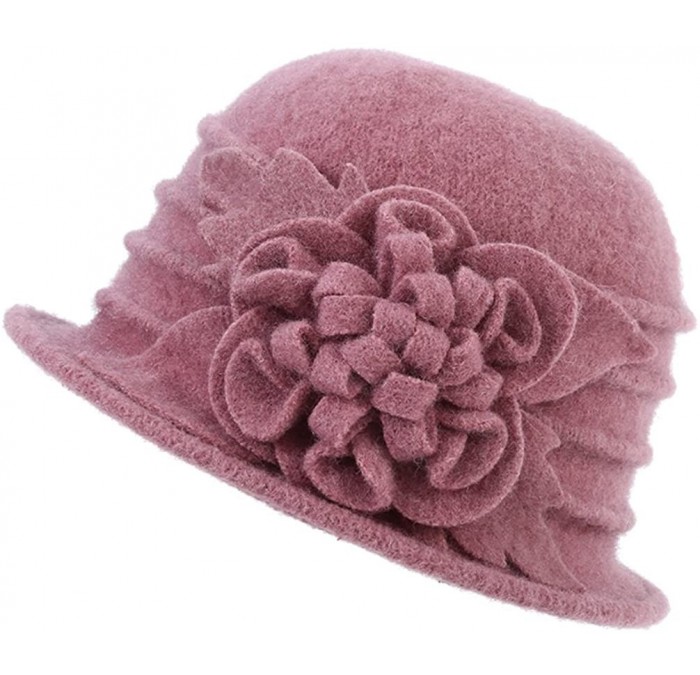 Bucket Hats Women's Winter Wool Cloche Bucket Hat Slouch Wrinkled Beanie Cap with Flower - Pink - C7186ANRI8O $14.68