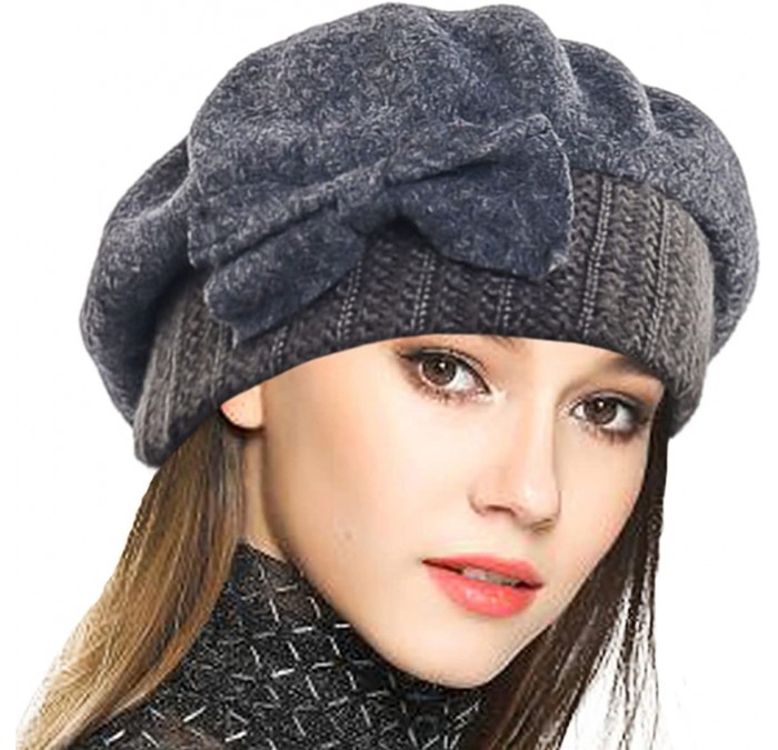 Berets Lady French Beret 100% Wool Beret Floral Dress Beanie Winter Hat - Bow-grey - CW187I4UTL2 $45.33