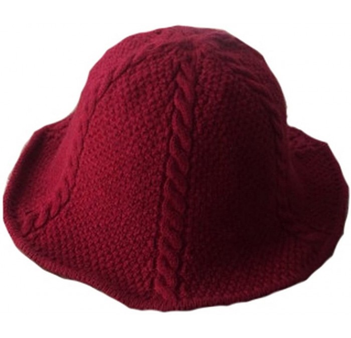 Bucket Hats Women's Cable Knit Foldable Wool Blend Church Cloche Cap Bucket Hat Bowler Hats - Wine Red - CS188Q60M7N $23.16