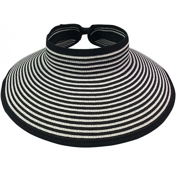 Sun Hats Women Sun Visor Hats Summer Roll Up Packable Wide Brim Straw Hat - Black/White - CP17YXCC2WG $23.94