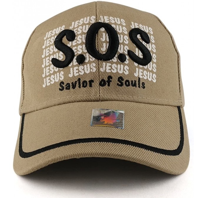 Baseball Caps Savior of Souls SOS Jesus Embroidered Structured Baseball Cap - Khaki - CK186NOTK4L $10.71