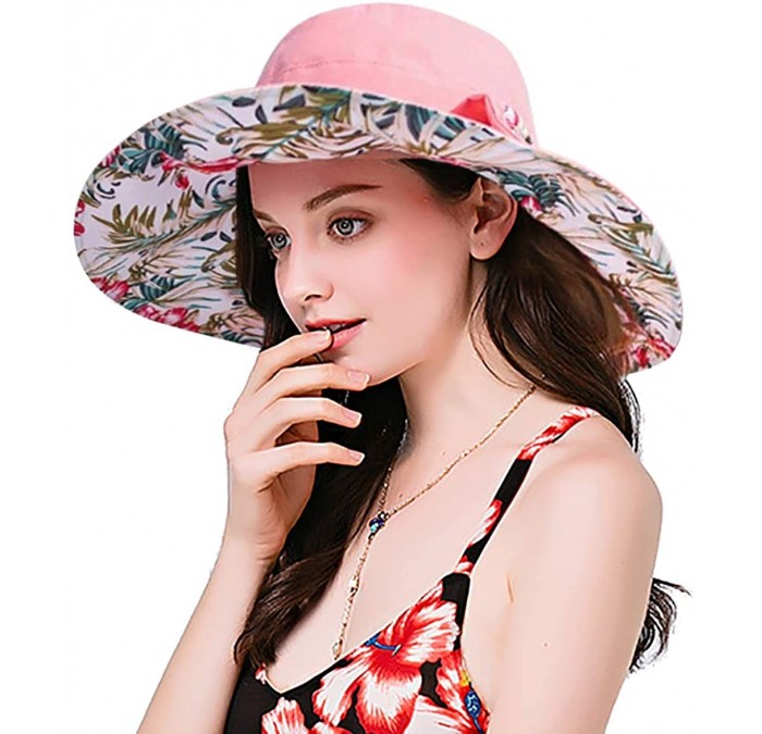 Bucket Hats Womens Wide Brim Floppy Sun Hat Reversible Summer Beach Hats with Detachable Bowknot - Pink - CU18GSE5NQZ $22.75