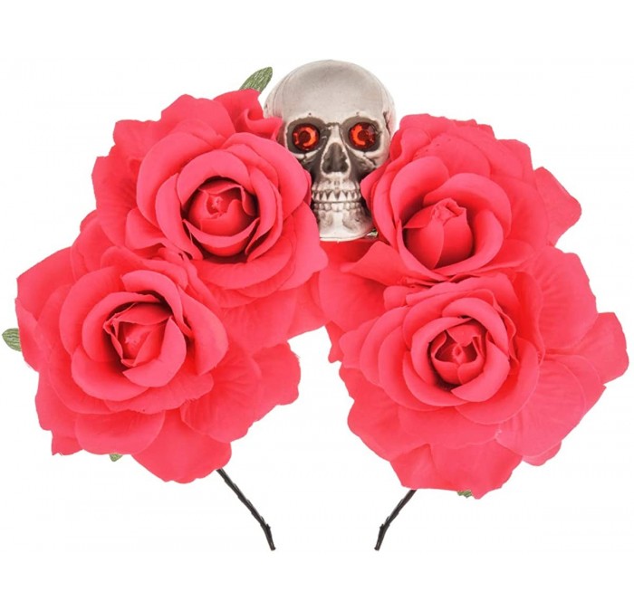 Headbands Halloween Skull Rose Flower Headband Hair Hoop Cosplay Day of the Dead Hairband Accessory - Red - CY18WMRHNM6 $8.79
