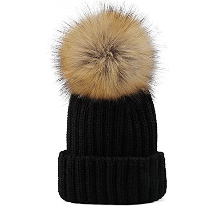 Skullies & Beanies Knitted Warm Winter Slouchy Beanie Hats with Faux Fur Pom Pom Hat Chunky Slouchy Ski Cap - Black - C7188HU...