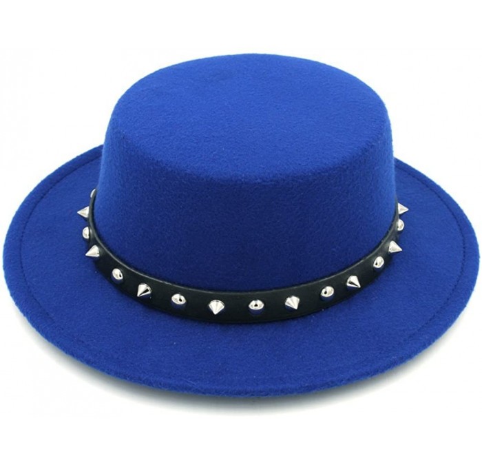 Fedoras Women Ladies Wool Blend Boater Hat Wide Brim Pork Pie Caps Rivets Leather Band - Blue - CN18H3939UR $13.72