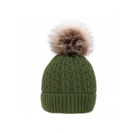 Skullies & Beanies Sherpa Lined Knit Beanie with Faux Fur Pompom - Olive Green With Fur Pom - C9182E0OTSA $23.82