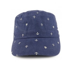 Baseball Caps Flat Top Style Cotton Linen Army Cap with Anchor Print Pattern - Navy - CG186TIYLU4 $25.41