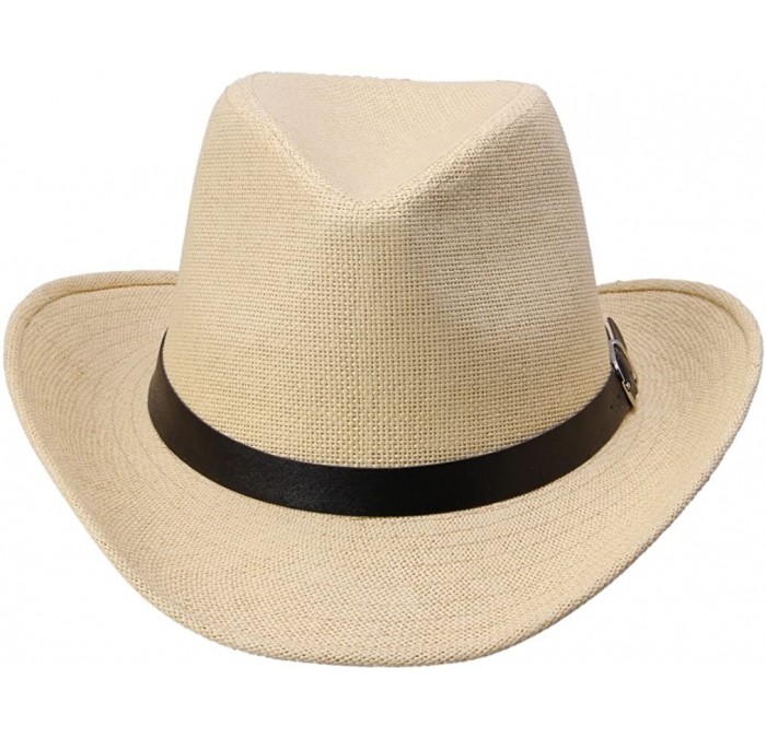 Cowboy Hats Unisex Straw Cowboy Belted Panama Hat Summer Sun Jazz Cap - Wheat - CG11L9QJGDX $8.77