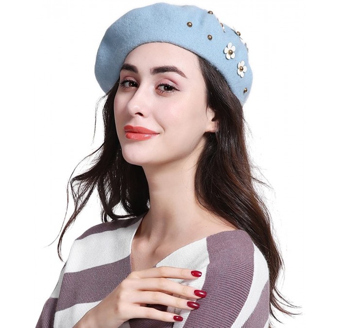 Berets Women's Franch Inspired Wool Felt Beret Hat Bow/Rivet/Floral Appliqued - Floral-blue - CW187QE88ED $27.77