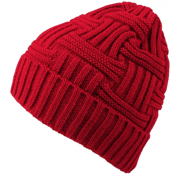 Skullies & Beanies Fleece Lined Knit Beanie Winter Hat Slouchy Watch Cap HZ50031 - Red - CB18L7A3Q86 $20.31