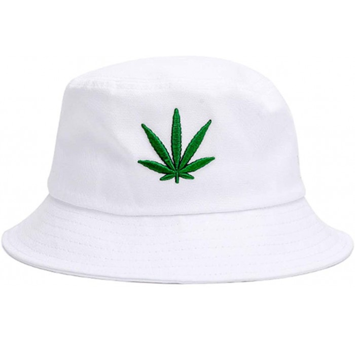 Bucket Hats Weed-Marijuana Embroidered Cotton Bucket Hat - Unisex UV Protection Sun Hat - White - CE1928NSAXI $17.58