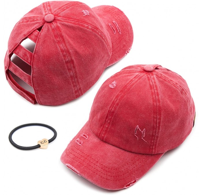 Baseball Caps Distressed Washed Denim Ladder Ponytail Hole Baseball Caps (BT-779) - Red - CP194UN26NX $27.96