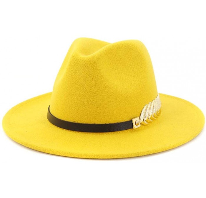 Fedoras Women's Wide Brim Fedora Panama Hat with Metal Belt Buckle - Yellow - CZ18T7NH622 $15.85