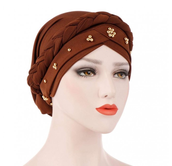 Skullies & Beanies Women Beaded Braid India Hats Muslim Cancer Chemo Beanie Turban Wrap Cap - Coffee - CE18T0T5KG3 $22.68