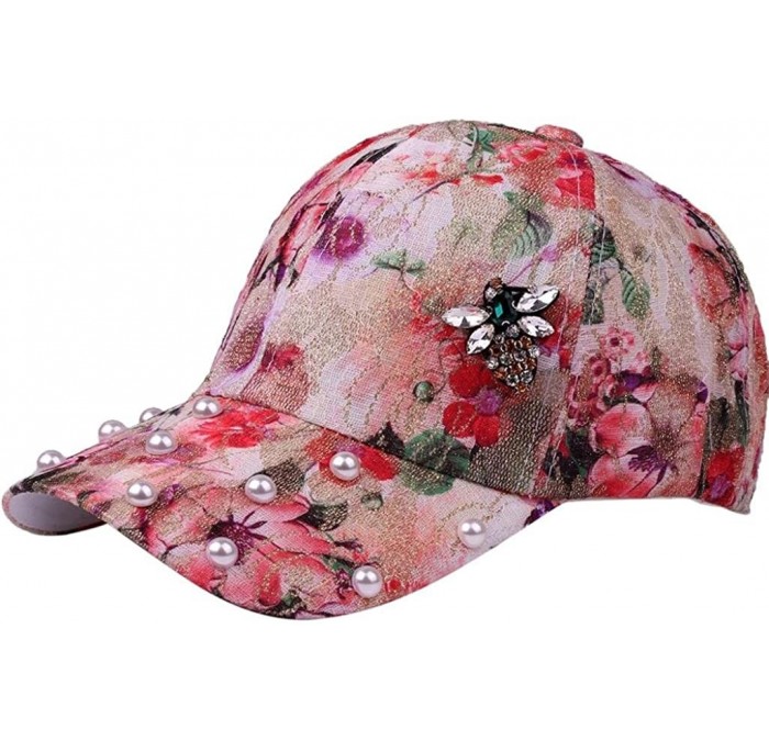 Bucket Hats Fashion Women Floral Print Pearl Bling Baseball Cap Adjustable Sun Hat - Red - CV18DIG5UYM $15.99
