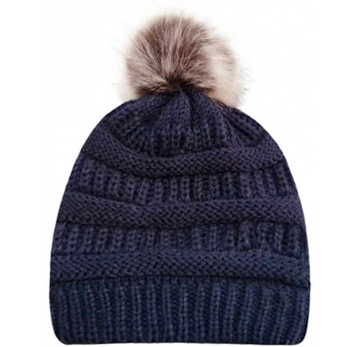 Skullies & Beanies Sale!Women Winter Warm Crochet Knit Faux Fur Pom Pom Beanie Hat Cap hat for women winter fashion - Navy - ...