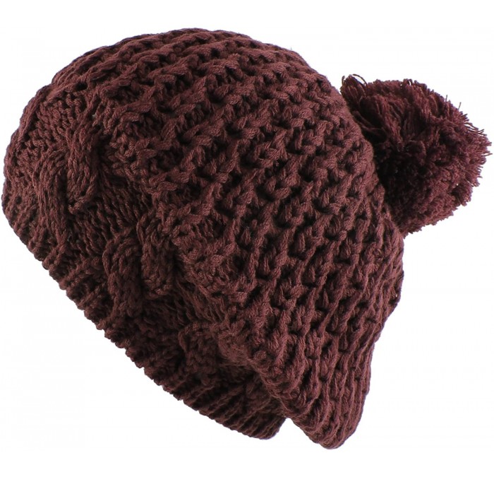 Berets Thick Crochet Knit Pom Pom Beret Winter Ski Hat - Dark Burgundy - CJ11QCV3PMD $7.95