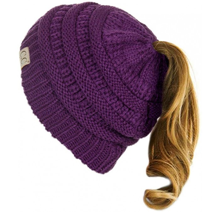 Skullies & Beanies Beanie Tail Kids Soft Stretch Cable Knit Messy High Bun Ponytail Beanie Hat - Purple - C818KNXZQ28 $10.88