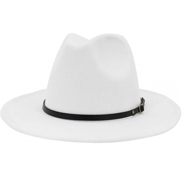 Fedoras Women's Classic Wide Brim Fedora Hat with Belt Buckle Felt Panama Hat - Pure White - CF199GDA62A $13.28