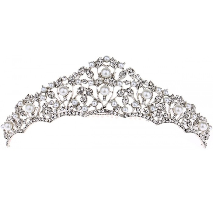 Headbands Bridal Crown Rhinestone Crystal Pearls Hair Comb Tiara Wedding Headband - Silver - CP18EDQZGUT $19.22