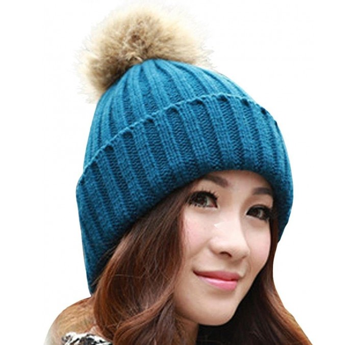 Berets Women Winter Fur Ball Warm Hat Crochet Knitted Wool Cap - Navy - CX12N9J0JIF $6.69