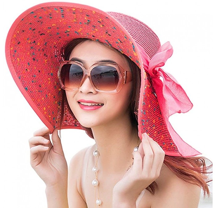 Sun Hats Women's Big Bowknot Straw Sun Hat Floppy Foldable Roll up UV 50+ Beach Cap - Watermelon Red-style B - CI18SSLH7R9 $2...