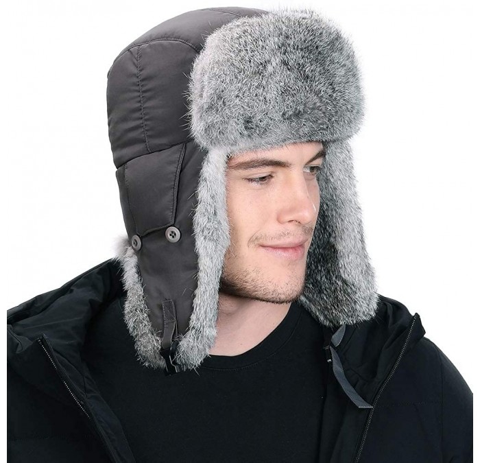 Bomber Hats 100% Rabbit Fur Winter Bomber Trapper Ushanka Russian Mask Hat Earflaps Hunting Waterproof Cap 55-61cm - CE18A600...