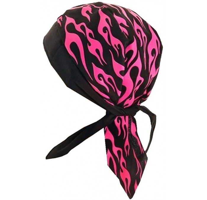 Skullies & Beanies Skull Cap Biker Caps Headwraps Doo Rags - Pink Neon Flames on Black - CR12ELHNLWX $14.62
