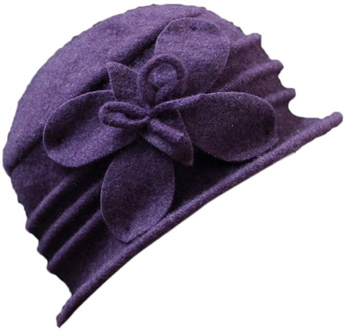 Berets Women 100% Wool Solid Color Round Top Cloche Beret Cap Flower Fedora Hat - 2 Purple - C0186WZ6X47 $33.23