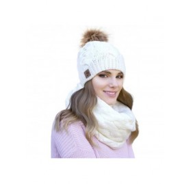 Skullies & Beanies Winter Knit Pom Beanie Hat Scarf Set Women Cute Soft Warm Infinity Scarves - White Fleece Lined - CI18XSUK...