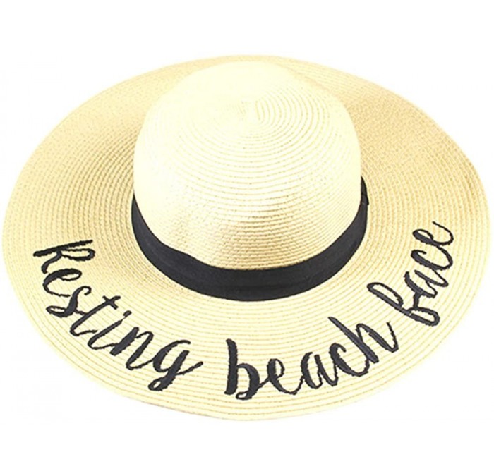 Sun Hats Women Elegant Wide Brim Embroidered Beach Pool Floppy Summer Vacation Sun Hat - Resting Beach Face - CI18CM9AXW5 $27.66