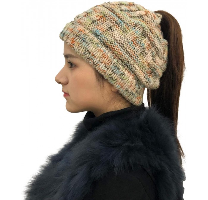 Skullies & Beanies Women's Ponytail Beanie Tail Soft Stretch Cable Cap Knit Messy Bun Hat for Winter - Beige - CL18ZUN0QYG $1...